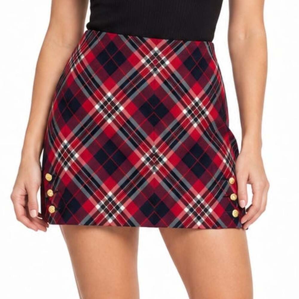 Trina Turk Hurst Pass the Wine Plaid Mini Skirt Size 16 Gold Buttons